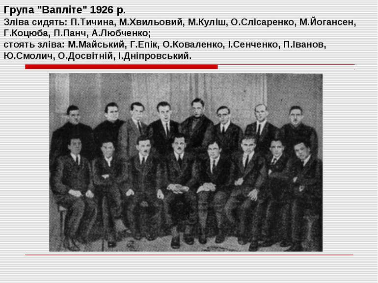Група "Вапліте" 1926 р. Зліва сидять: П.Тичина, М.Хвильовий, М.Куліш, О.Сліса...