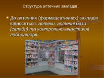 До аптечних (фармацевтичних) закладів відносяться: аптеки, аптечні бази (скла...