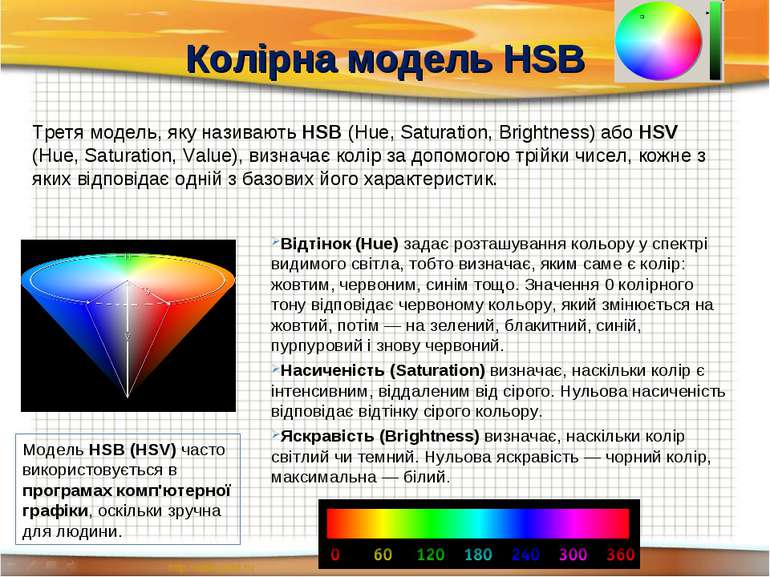 Колірна модель HSB Третя модель, яку називають HSB (Hue, Saturation, Brightne...