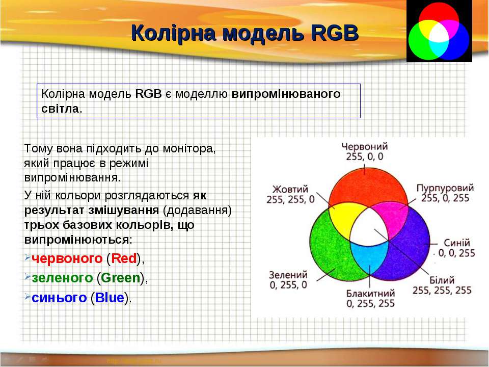 Цветовая модель RGB. Колірні моделі HSB. Какие цвета соответствуют кодам в цветовой модели RGB: (126; 126; 126). Поняття "Колір", "світлі та темні відтінки кольору".презентація. Описать модель rgb