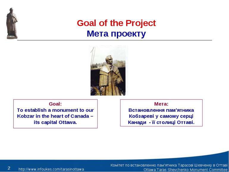 Goal of the Project Мета проекту Goal: To establish a monument to our Kobzar ...