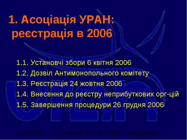 1. Асоціація УРАН: реєстрація в 2006 1.1. Установчі збори 6 квітня 2006 1.2. ...