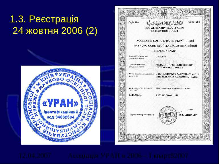 1.3. Реєстрація 24 жовтня 2006 (2) Асоціація УРАН в 2006 – І кварт. 2007