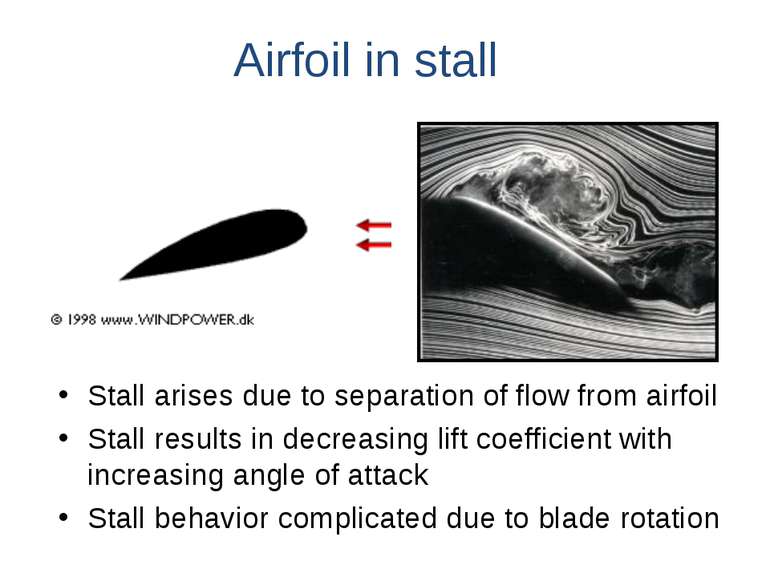 Airfoil in stall Stall arises due to separation of flow from airfoil Stall re...