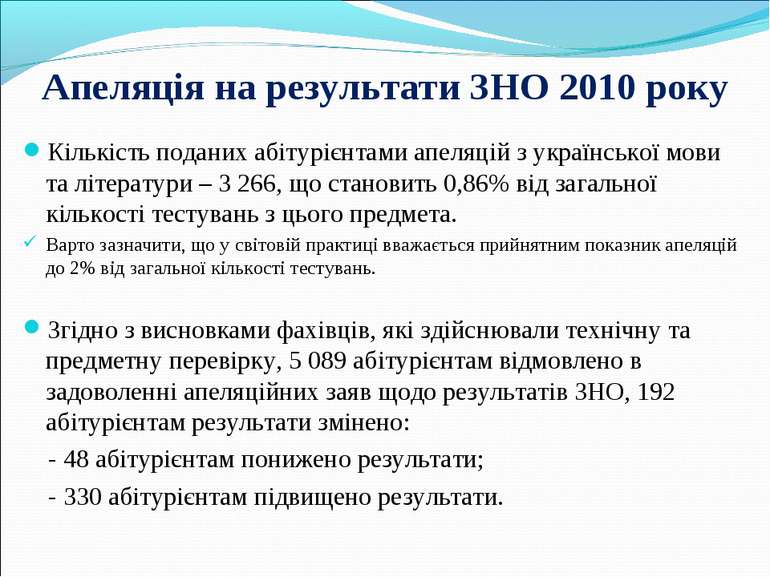 Апеляція на результати ЗНО 2010 року Кількість поданих абітурієнтами апеляцій...