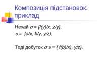 Композиція підстановок: приклад Нехай = {f(y)/x, z/y}, = {a/x, b/y, y/z). Тод...