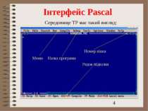 Інтерфейс Pascal Середовище ТР має такий вигляд: Номер вікна Меню Назва прогр...