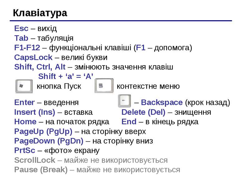 Клавіатура Esc – вихід Tab – табуляція F1-F12 – функціональні клавіші (F1 – д...