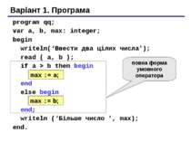 Варіант 1. Програма program qq; var a, b, max: integer; begin writeln(‘Ввести...