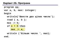Варіант 2Б. Програма program qq; var a, b, max: integer; begin writeln(‘Ввест...