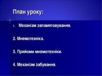 План уроку: Механізм запамятовування. 2. Мнемотехніка. 3. Прийоми мнемотехнік...