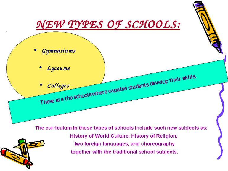 NEW TYPES OF SCHOOLS: Gymnasiums Lyceums Colleges These are the schools where...