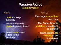 Passive Voice Simple Present Active I walk the dogs everyday. Millions of peo...