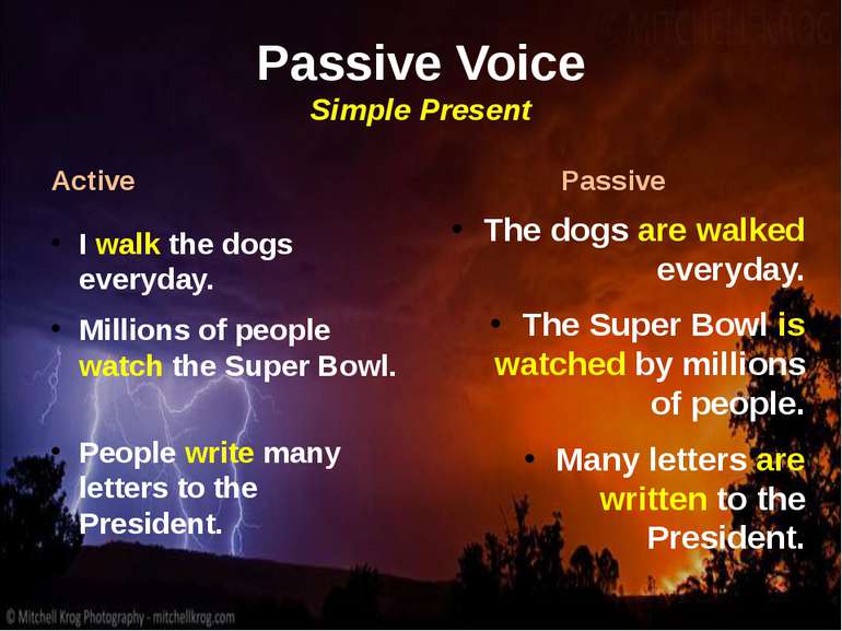 Passive Voice Simple Present Active I walk the dogs everyday. Millions of peo...