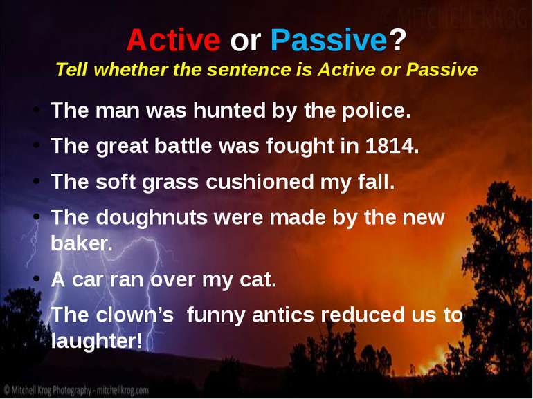 Active or Passive? Tell whether the sentence is Active or Passive The man was...