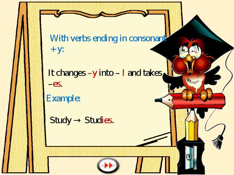 With verbs ending in consonant + y: It changes –y into – I and takes –es. Exa...