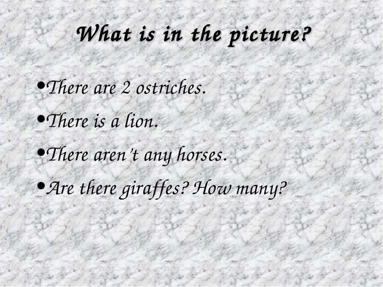 There are 2 ostriches. There is a lion. There aren’t any horses. Are there gi...