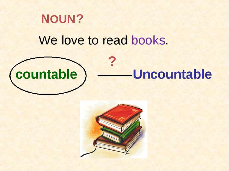 We love to read books. countable Uncountable ? ? NOUN