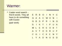 Warmer: Easter word search – find 8 words. They all have to do something with...