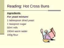 Reading: Hot Cross Buns Ingredients For yeast mixture: 1 tablespoon dried yea...