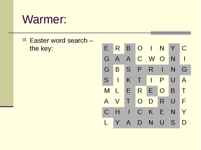 Warmer: Easter word search – the key: E R B O I N Y C G A A C W O N I G B S P...