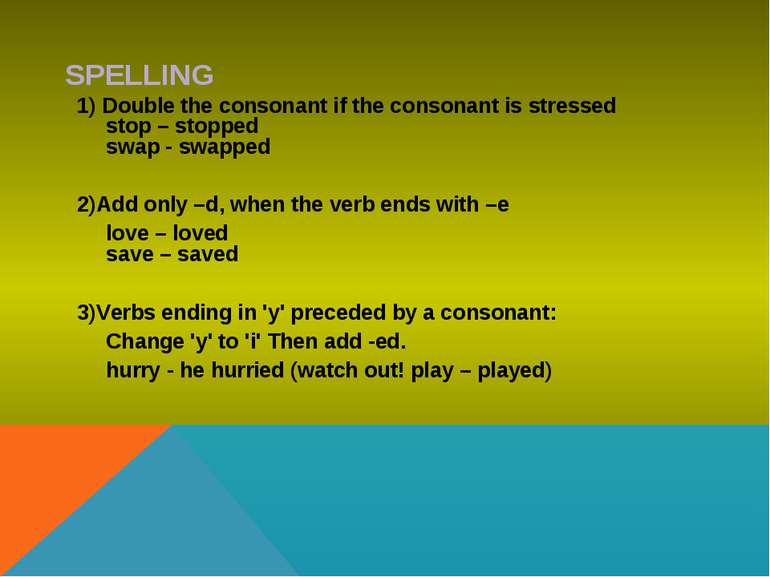 SPELLING 1) Double the consonant if the consonant is stressed stop – stopped ...
