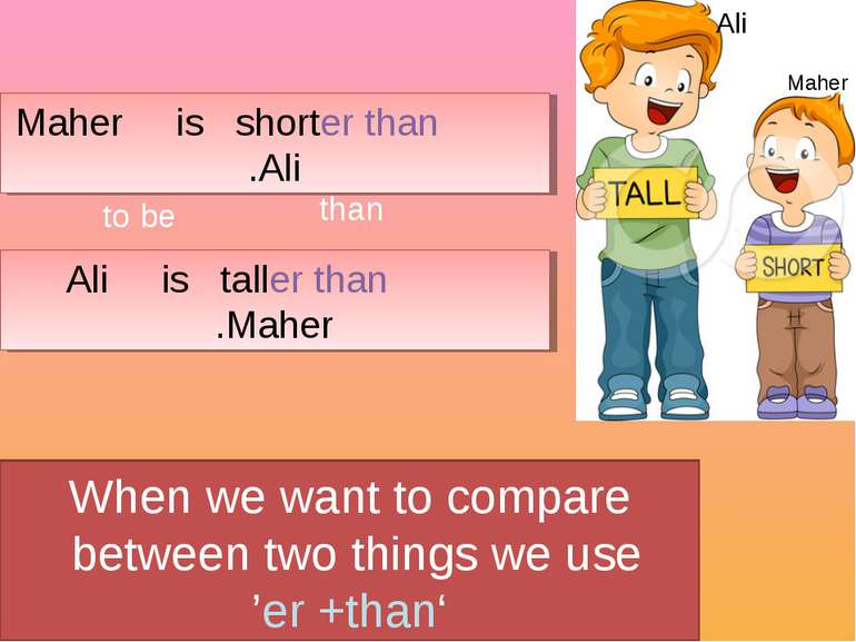 When we want to compare between two things we use ‘er +than’ Ali is taller th...