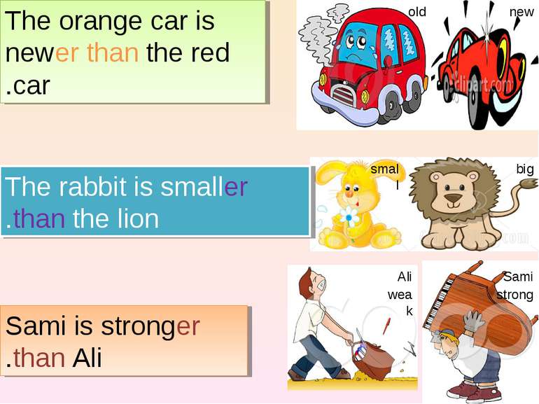 The orange car is newer than the red car. The rabbit is smaller than the lion...