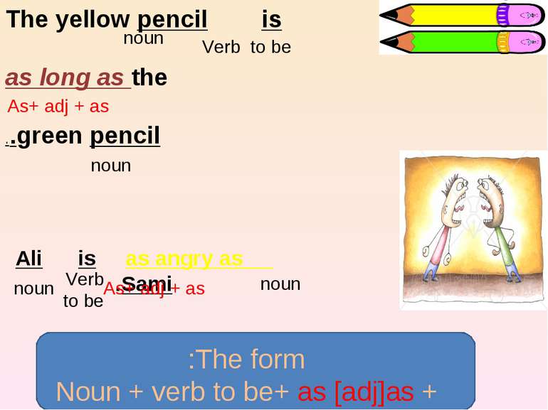 The form: Noun + verb to be+ as [adj]as + noun The yellow pencil is as long a...