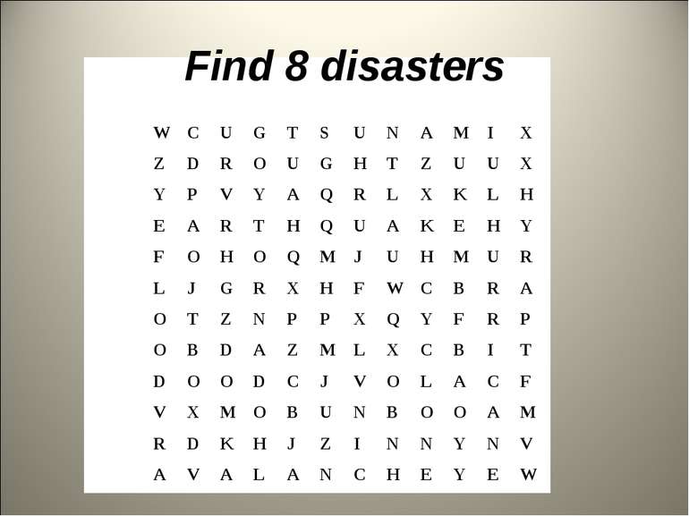 Find 8 disasters W C U G T S U N A M I X Z D R O U G H T Z U U X Y P V Y A Q ...