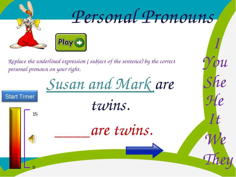 Personal Pronouns He You I She It We They Replace the underlined expression (...