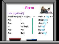 Form Interrogative (?) Auxiliary (be) + subject + verb + ing + ? Am I dreamin...
