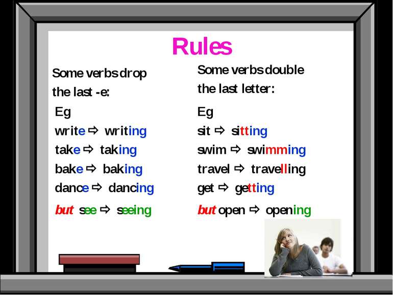 Rules Some verbs drop the last -e: Eg write writing take taking bake baking d...
