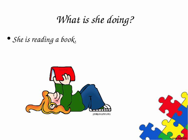 What is she doing? She is reading a book.
