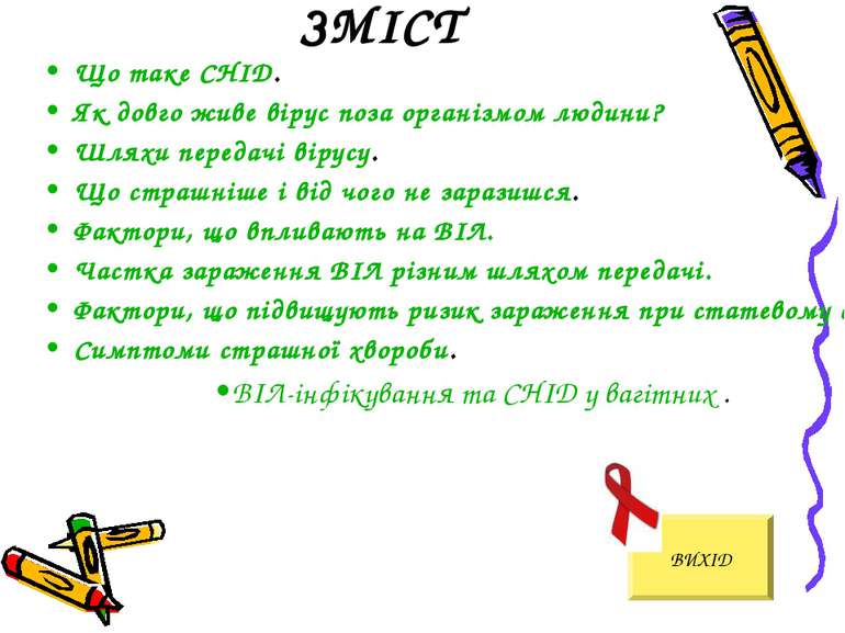 ЗМІСТ Що таке СНІД. Як довго живе вірус поза організмом людини? Шляхи передач...