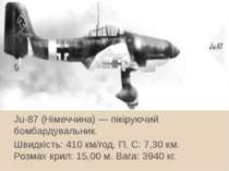 Ju-87 (Німеччина) — пікіруючий бомбардувальник. Швидкість: 410 км/год. П. С: ...