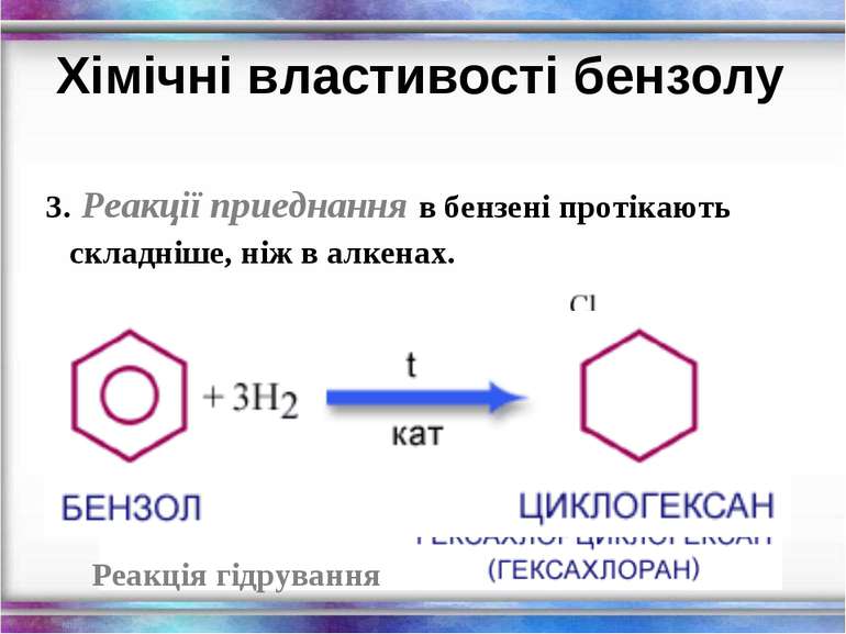 Хімічні властивості бензолу 3. Реакції приеднання в бензені протікають складн...