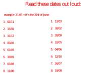 Read these dates out loud: example: 21.06 = It’s the 21st of June. 02/11 15/0...