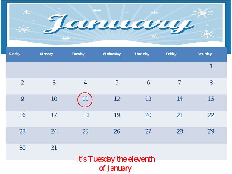 It’s Tuesday the eleventh of January Sunday Monday Tuesday Wednesday Thursday...
