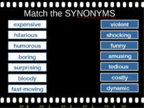Match the SYNONYMS expensive hilarious humorous boring surprising bloody amus...