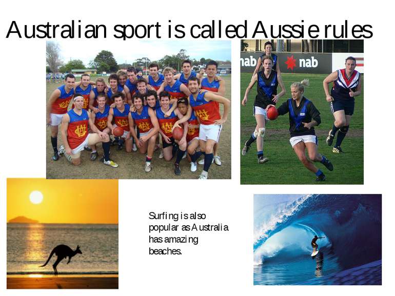 Australian sport is called Aussie rules Surfing is also popular as Australia ...