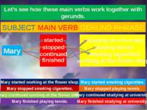 Let’s see how these main verbs work together with gerunds. SUBJECT MAIN VERB ...