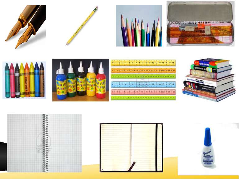 Fountain pen, pencil,colour pencil ,geometry box ,wax crayons, paints,rulers,...