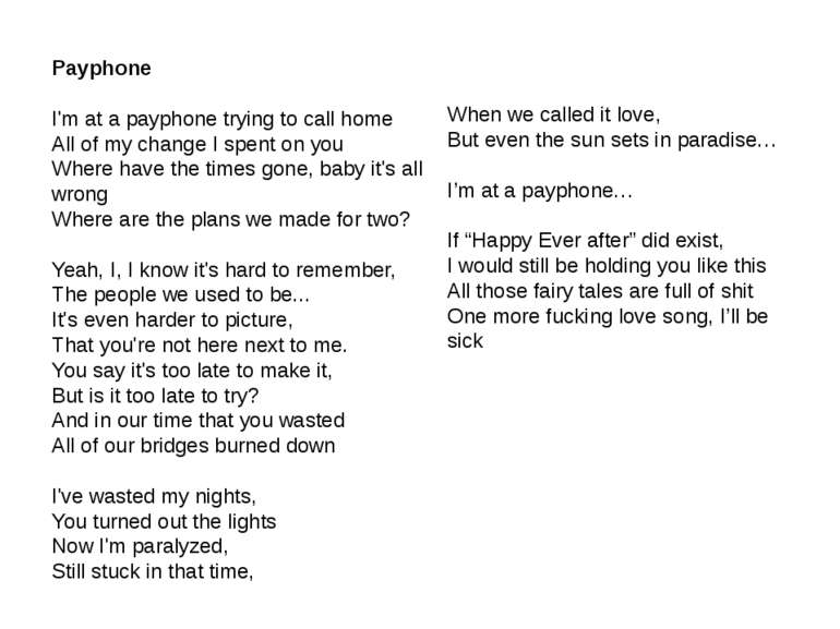 Payphone I'm at a payphone trying to call home All of my change I spent on yo...
