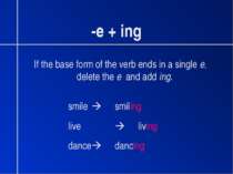 -e + ing If the base form of the verb ends in a single e, delete the e and ad...