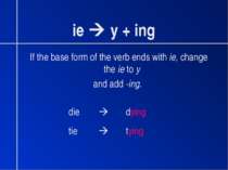 ie y + ing If the base form of the verb ends with ie, change the ie to y and ...
