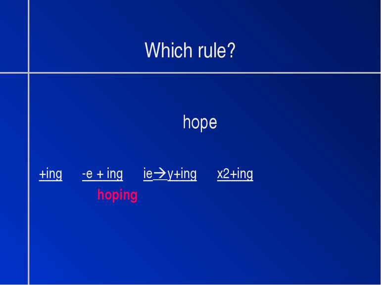 Which rule? hope +ing -e + ing ie y+ing x2+ing hoping
