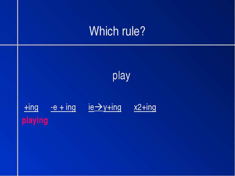 Which rule? play +ing -e + ing ie y+ing x2+ing playing