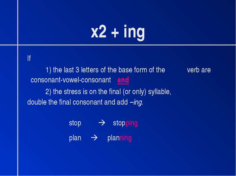 x2 + ing If 1) the last 3 letters of the base form of the verb are consonant-...