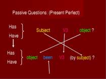 Passive Questions: (Present Perfect) Has Have Subject V3 object ? object V3 (...